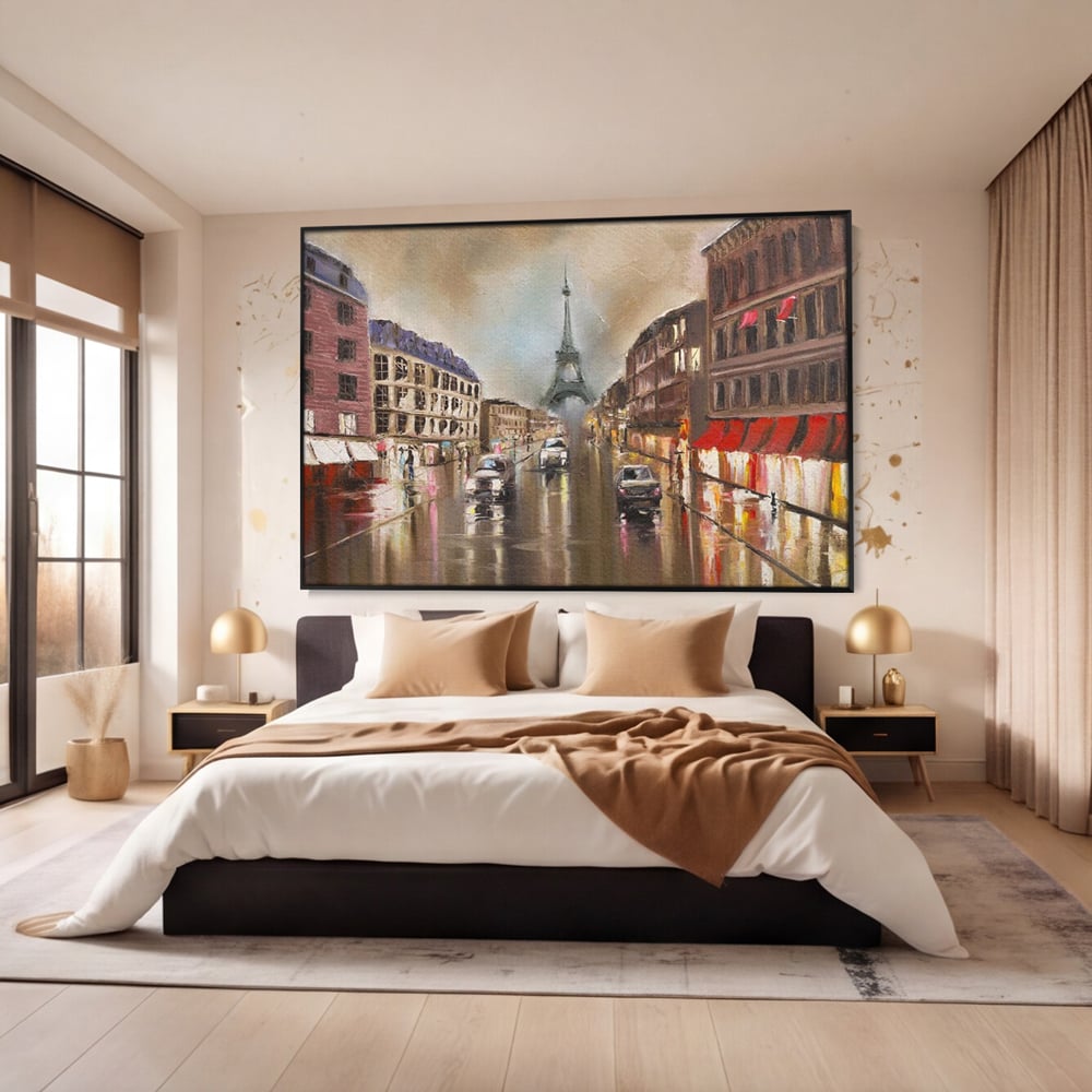 Leinwandbilder Premium, LuxCanva® O1010, Eiffel bei Sonnenuntergang, Paris, Boulevard, Regen, Sonnenuntergang, Romantik, Turm, Frankreich, Hauptstadt, Cafés, Dekoration, Urlaub, Ikonisch, Impressionismus, Büro, Wohnen, Schlafzimmer