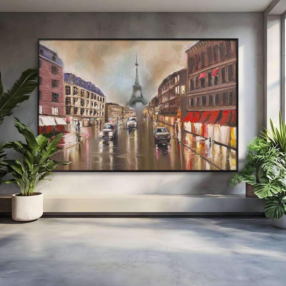 Leinwandbilder Premium, LuxCanva® O1010, Eiffel bei Sonnenuntergang, Paris, Boulevard, Regen, Sonnenuntergang, Romantik, Turm, Frankreich, Hauptstadt, Cafés, Dekoration, Urlaub, Ikonisch, Impressionismus, Büro, Wohnen, Schlafzimmer