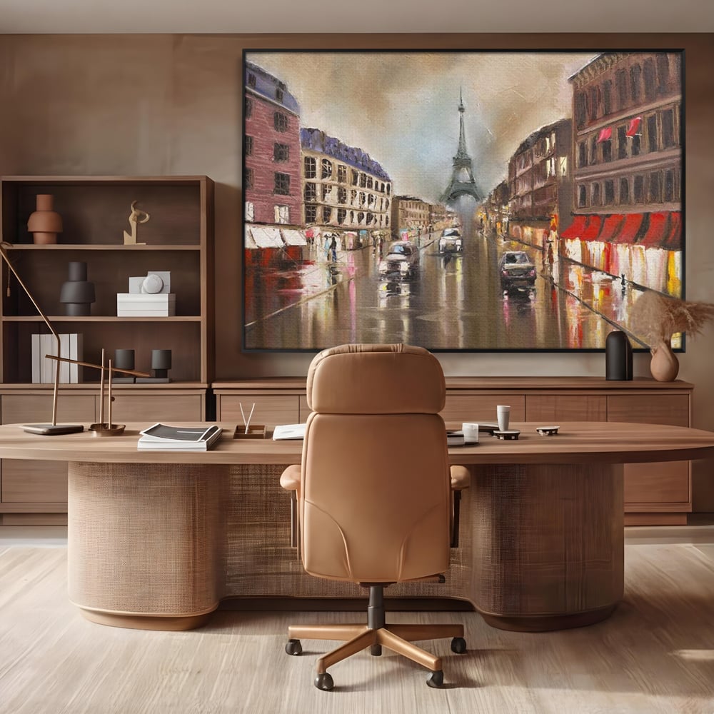 Leinwandbilder Premium, LuxCanva® O1010, Eiffel bei Sonnenuntergang, Paris, Boulevard, Regen, Sonnenuntergang, Romantik, Turm, Frankreich, Hauptstadt, Cafés, Dekoration, Urlaub, Ikonisch, Impressionismus, Büro, Wohnen, Schlafzimmer