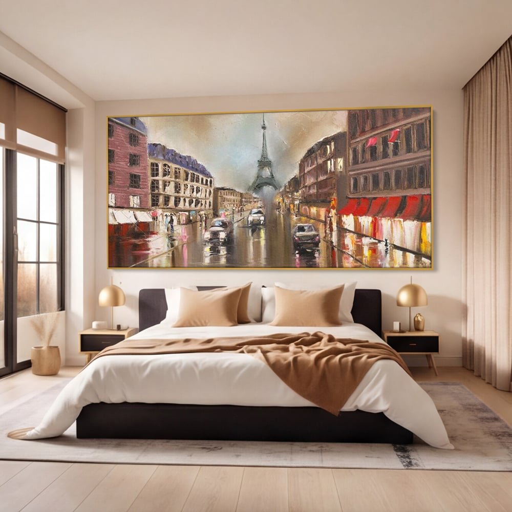 Leinwandbilder Premium, LuxCanva® O1010, Eiffel bei Sonnenuntergang, Paris, Boulevard, Regen, Sonnenuntergang, Romantik, Turm, Frankreich, Hauptstadt, Cafés, Dekoration, Urlaub, Ikonisch, Impressionismus, Büro, Wohnen, Schlafzimmer