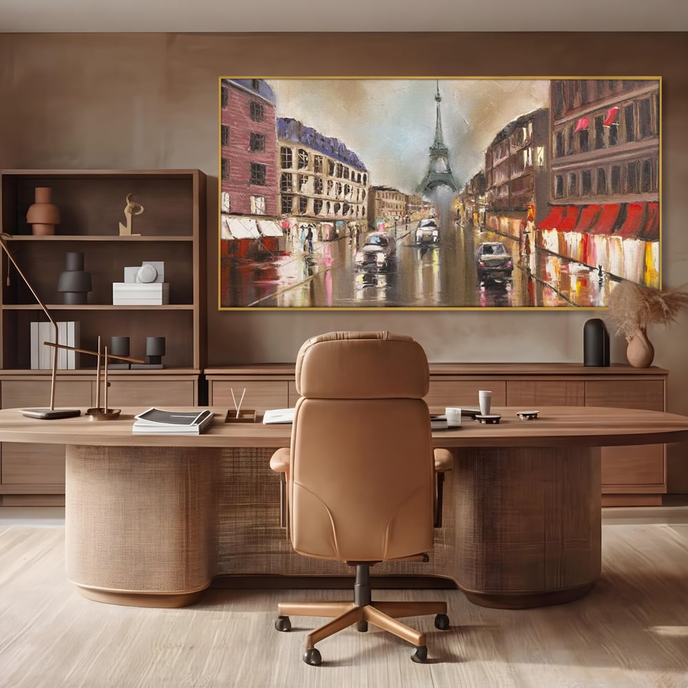 Leinwandbilder Premium, LuxCanva® O1010, Eiffel bei Sonnenuntergang, Paris, Boulevard, Regen, Sonnenuntergang, Romantik, Turm, Frankreich, Hauptstadt, Cafés, Dekoration, Urlaub, Ikonisch, Impressionismus, Büro, Wohnen, Schlafzimmer