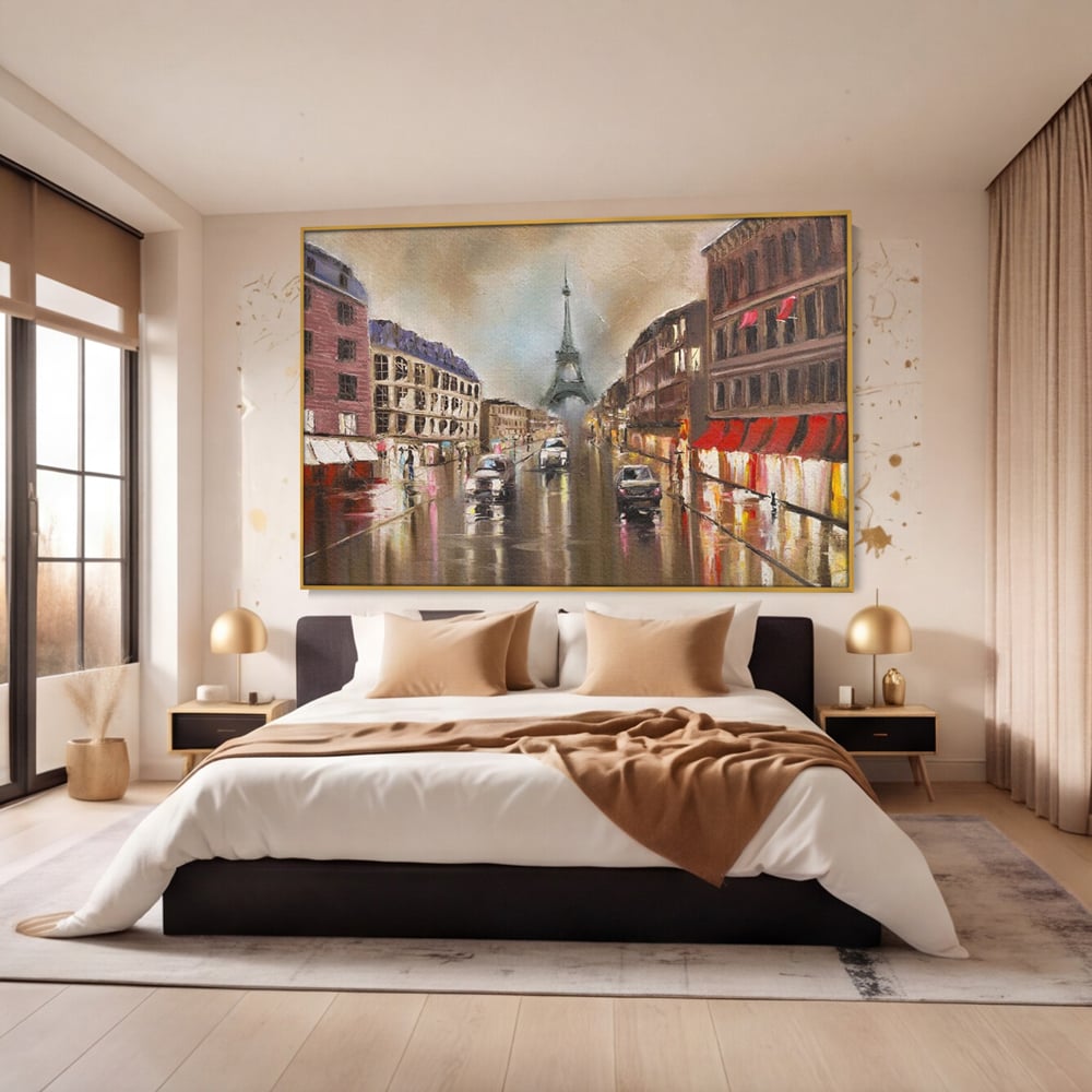 Leinwandbilder Premium, LuxCanva® O1010, Eiffel bei Sonnenuntergang, Paris, Boulevard, Regen, Sonnenuntergang, Romantik, Turm, Frankreich, Hauptstadt, Cafés, Dekoration, Urlaub, Ikonisch, Impressionismus, Büro, Wohnen, Schlafzimmer