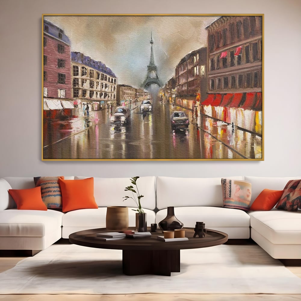 Leinwandbilder Premium, LuxCanva® O1010, Eiffel bei Sonnenuntergang, Paris, Boulevard, Regen, Sonnenuntergang, Romantik, Turm, Frankreich, Hauptstadt, Cafés, Dekoration, Urlaub, Ikonisch, Impressionismus, Büro, Wohnen, Schlafzimmer