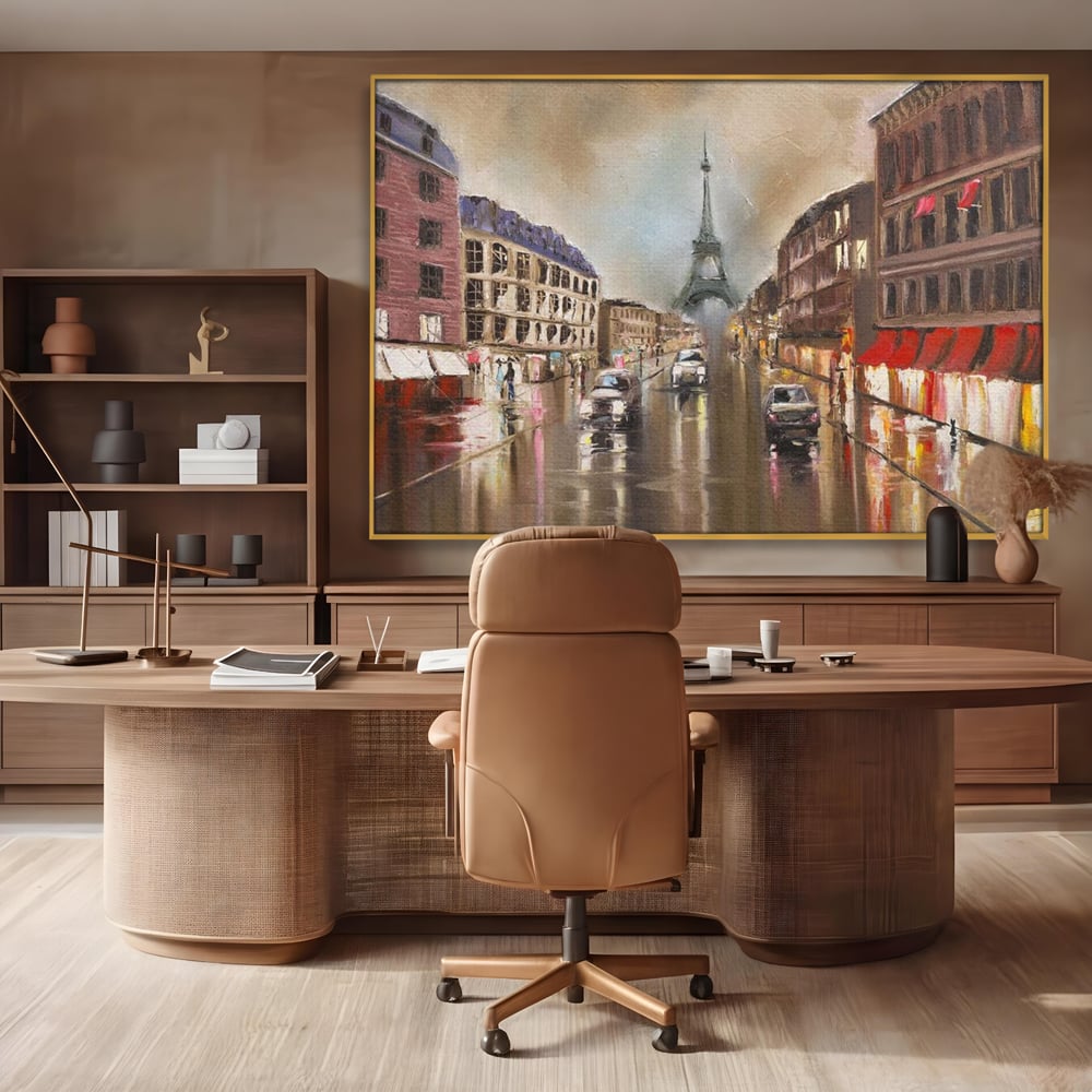 Leinwandbilder Premium, LuxCanva® O1010, Eiffel bei Sonnenuntergang, Paris, Boulevard, Regen, Sonnenuntergang, Romantik, Turm, Frankreich, Hauptstadt, Cafés, Dekoration, Urlaub, Ikonisch, Impressionismus, Büro, Wohnen, Schlafzimmer