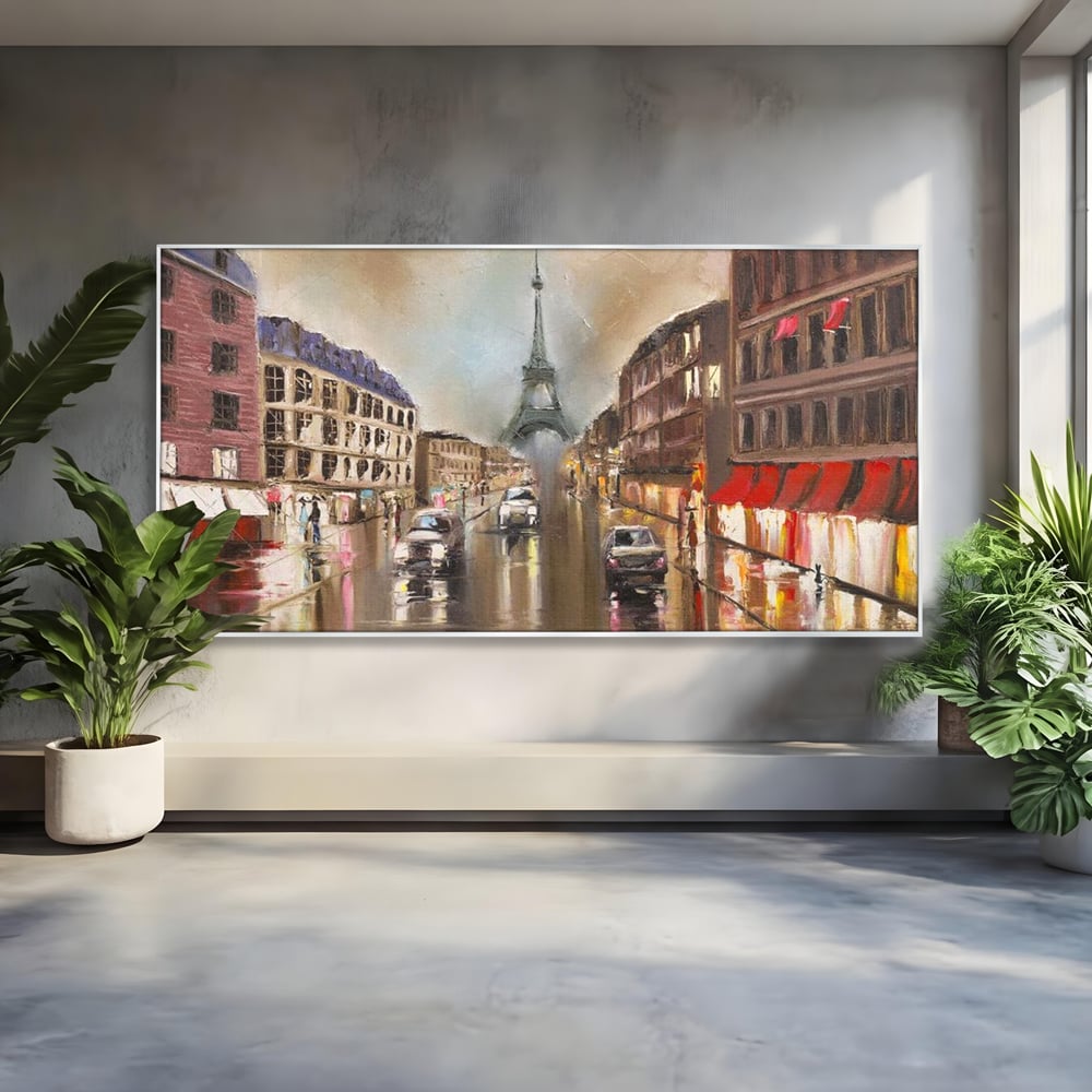 Leinwandbilder Premium, LuxCanva® O1010, Eiffel bei Sonnenuntergang, Paris, Boulevard, Regen, Sonnenuntergang, Romantik, Turm, Frankreich, Hauptstadt, Cafés, Dekoration, Urlaub, Ikonisch, Impressionismus, Büro, Wohnen, Schlafzimmer