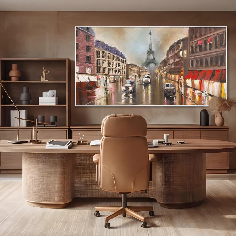 Leinwandbilder Premium, LuxCanva® O1010, Eiffel bei Sonnenuntergang, Paris, Boulevard, Regen, Sonnenuntergang, Romantik, Turm, Frankreich, Hauptstadt, Cafés, Dekoration, Urlaub, Ikonisch, Impressionismus, Büro, Wohnen, Schlafzimmer