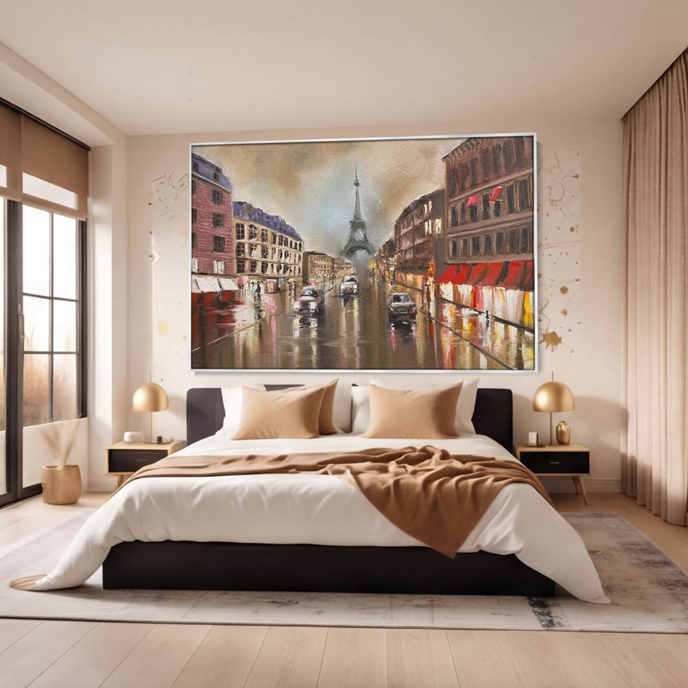 Leinwandbilder Premium, LuxCanva® O1010, Eiffel bei Sonnenuntergang, Paris, Boulevard, Regen, Sonnenuntergang, Romantik, Turm, Frankreich, Hauptstadt, Cafés, Dekoration, Urlaub, Ikonisch, Impressionismus, Büro, Wohnen, Schlafzimmer