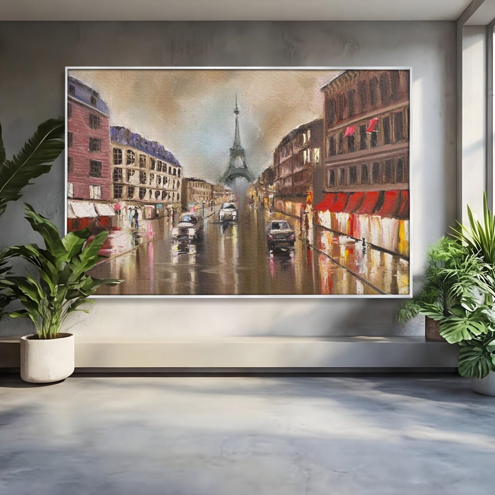 Leinwandbilder Premium, LuxCanva® O1010, Eiffel bei Sonnenuntergang, Paris, Boulevard, Regen, Sonnenuntergang, Romantik, Turm, Frankreich, Hauptstadt, Cafés, Dekoration, Urlaub, Ikonisch, Impressionismus, Büro, Wohnen, Schlafzimmer
