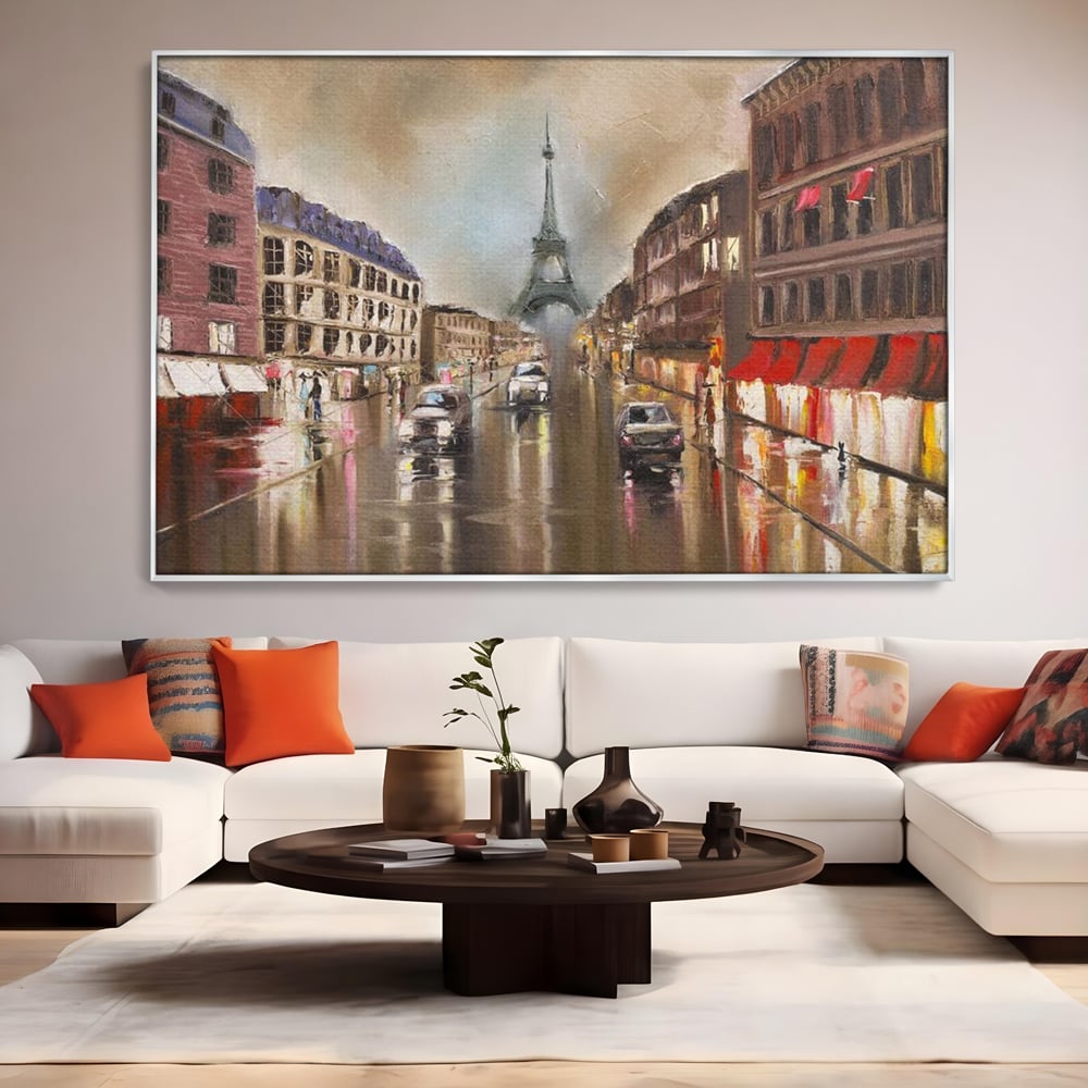 Leinwandbilder Premium, LuxCanva® O1010, Eiffel bei Sonnenuntergang, Paris, Boulevard, Regen, Sonnenuntergang, Romantik, Turm, Frankreich, Hauptstadt, Cafés, Dekoration, Urlaub, Ikonisch, Impressionismus, Büro, Wohnen, Schlafzimmer