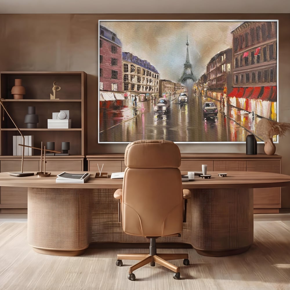 Leinwandbilder Premium, LuxCanva® O1010, Eiffel bei Sonnenuntergang, Paris, Boulevard, Regen, Sonnenuntergang, Romantik, Turm, Frankreich, Hauptstadt, Cafés, Dekoration, Urlaub, Ikonisch, Impressionismus, Büro, Wohnen, Schlafzimmer