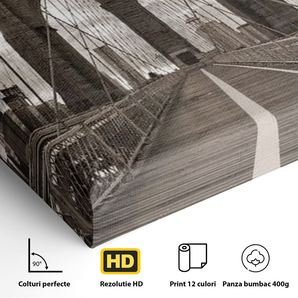 Tablou Canvas Premium, LuxCanva® O1011, Podul dintre Lumi, Otel, Cabluri, Arc, Timp, Drum, Destin, Brooklin, New York, Arhitectura, Monocrom, Fotografic, Metropola, Punte, Birou, Living,