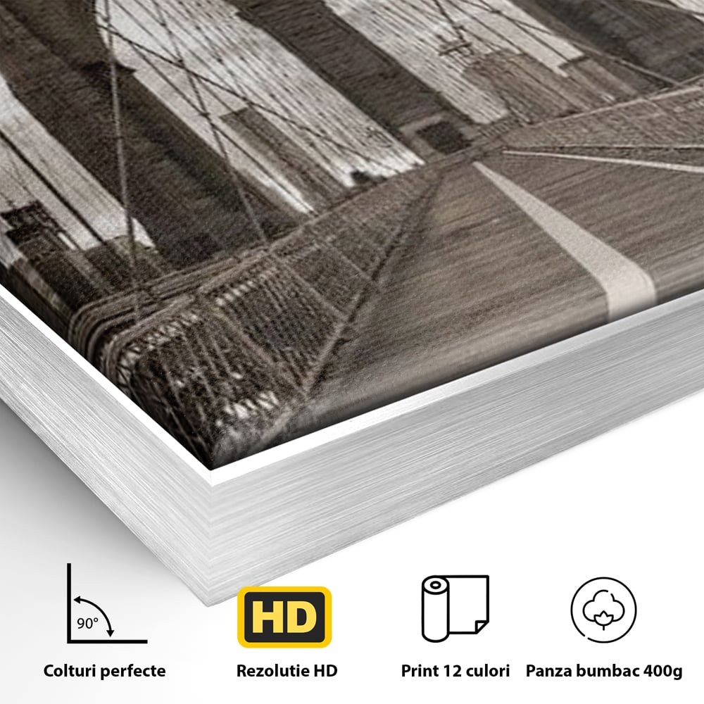 Tablou Canvas Premium, LuxCanva® O1011, Podul dintre Lumi, Otel, Cabluri, Arc, Timp, Drum, Destin, Brooklin, New York, Arhitectura, Monocrom, Fotografic, Metropola, Punte, Birou, Living,