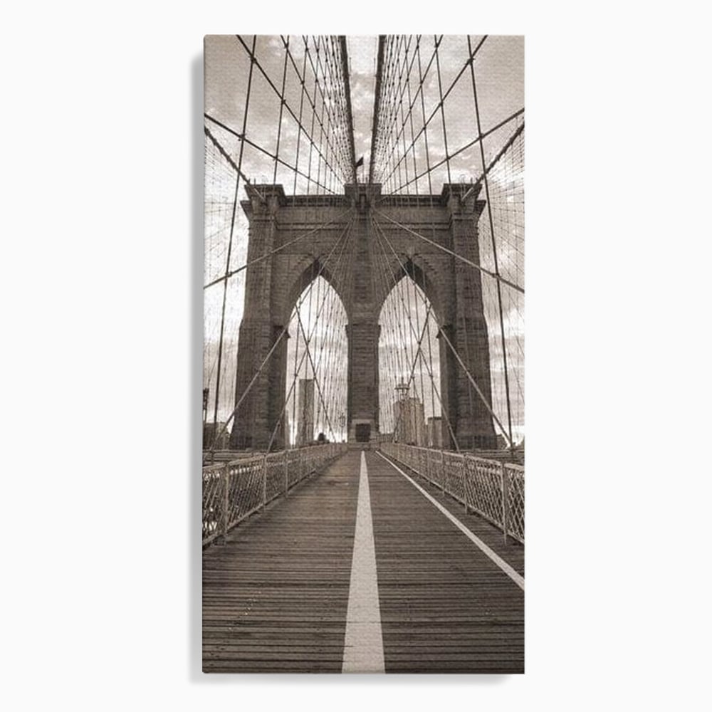 Tablou Canvas Premium, LuxCanva® O1011, Podul dintre Lumi, Otel, Cabluri, Arc, Timp, Drum, Destin, Brooklin, New York, Arhitectura, Monocrom, Fotografic, Metropola, Punte, Birou, Living,