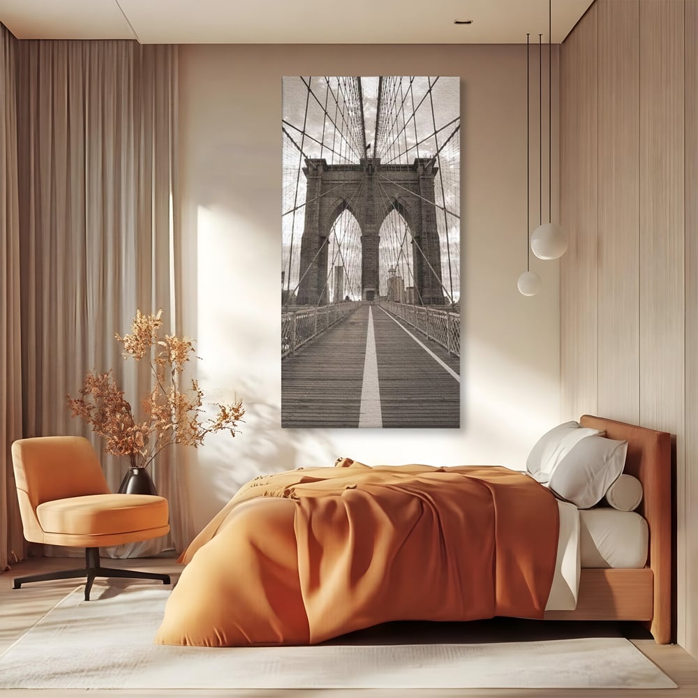Tablou Canvas Premium, LuxCanva® O1011, Podul dintre Lumi, Otel, Cabluri, Arc, Timp, Drum, Destin, Brooklin, New York, Arhitectura, Monocrom, Fotografic, Metropola, Punte, Birou, Living,