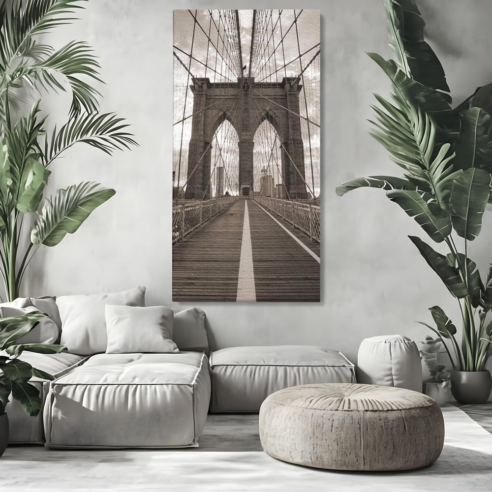 Tablou Canvas Premium, LuxCanva® O1011, Podul dintre Lumi, Otel, Cabluri, Arc, Timp, Drum, Destin, Brooklin, New York, Arhitectura, Monocrom, Fotografic, Metropola, Punte, Birou, Living,