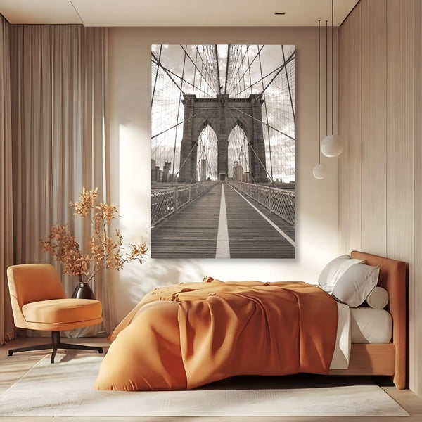 Tablou Canvas Premium, LuxCanva® O1011, Podul dintre Lumi, Otel, Cabluri, Arc, Timp, Drum, Destin, Brooklin, New York, Arhitectura, Monocrom, Fotografic, Metropola, Punte, Birou, Living,