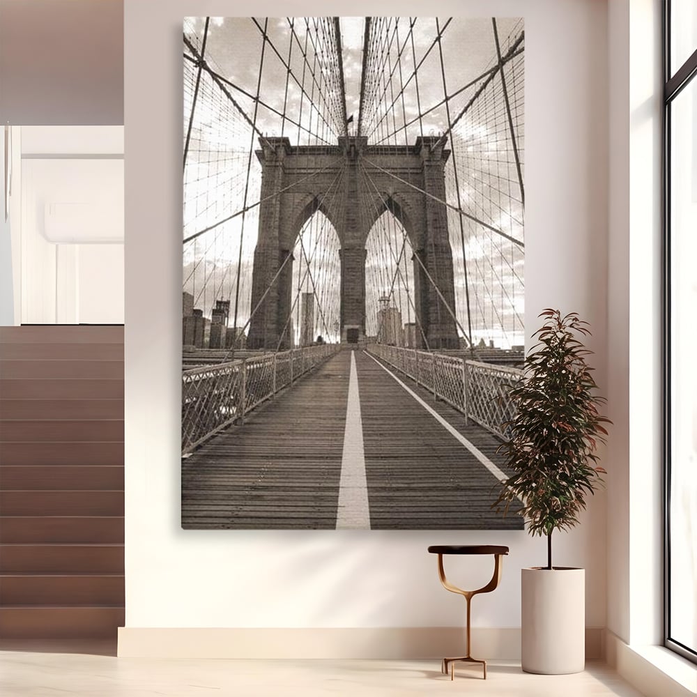 Tablou Canvas Premium, LuxCanva® O1011, Podul dintre Lumi, Otel, Cabluri, Arc, Timp, Drum, Destin, Brooklin, New York, Arhitectura, Monocrom, Fotografic, Metropola, Punte, Birou, Living,