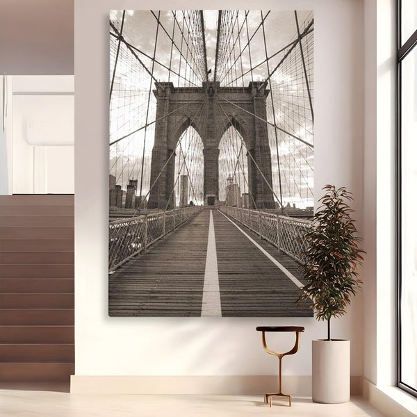 Tablou Canvas Premium, LuxCanva® O1011, Podul dintre Lumi, Otel, Cabluri, Arc, Timp, Drum, Destin, Brooklin, New York, Arhitectura, Monocrom, Fotografic, Metropola, Punte, Birou, Living,
