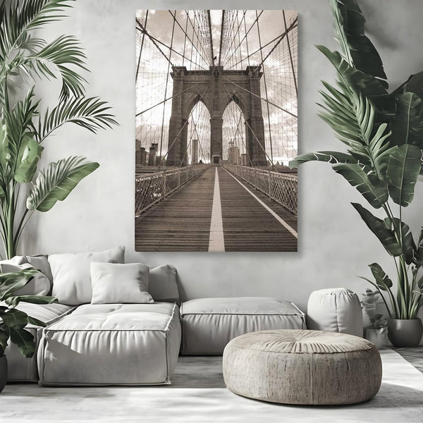 Tablou Canvas Premium, LuxCanva® O1011, Podul dintre Lumi, Otel, Cabluri, Arc, Timp, Drum, Destin, Brooklin, New York, Arhitectura, Monocrom, Fotografic, Metropola, Punte, Birou, Living,