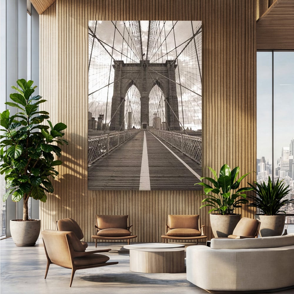 Tablou Canvas Premium, LuxCanva® O1011, Podul dintre Lumi, Otel, Cabluri, Arc, Timp, Drum, Destin, Brooklin, New York, Arhitectura, Monocrom, Fotografic, Metropola, Punte, Birou, Living,