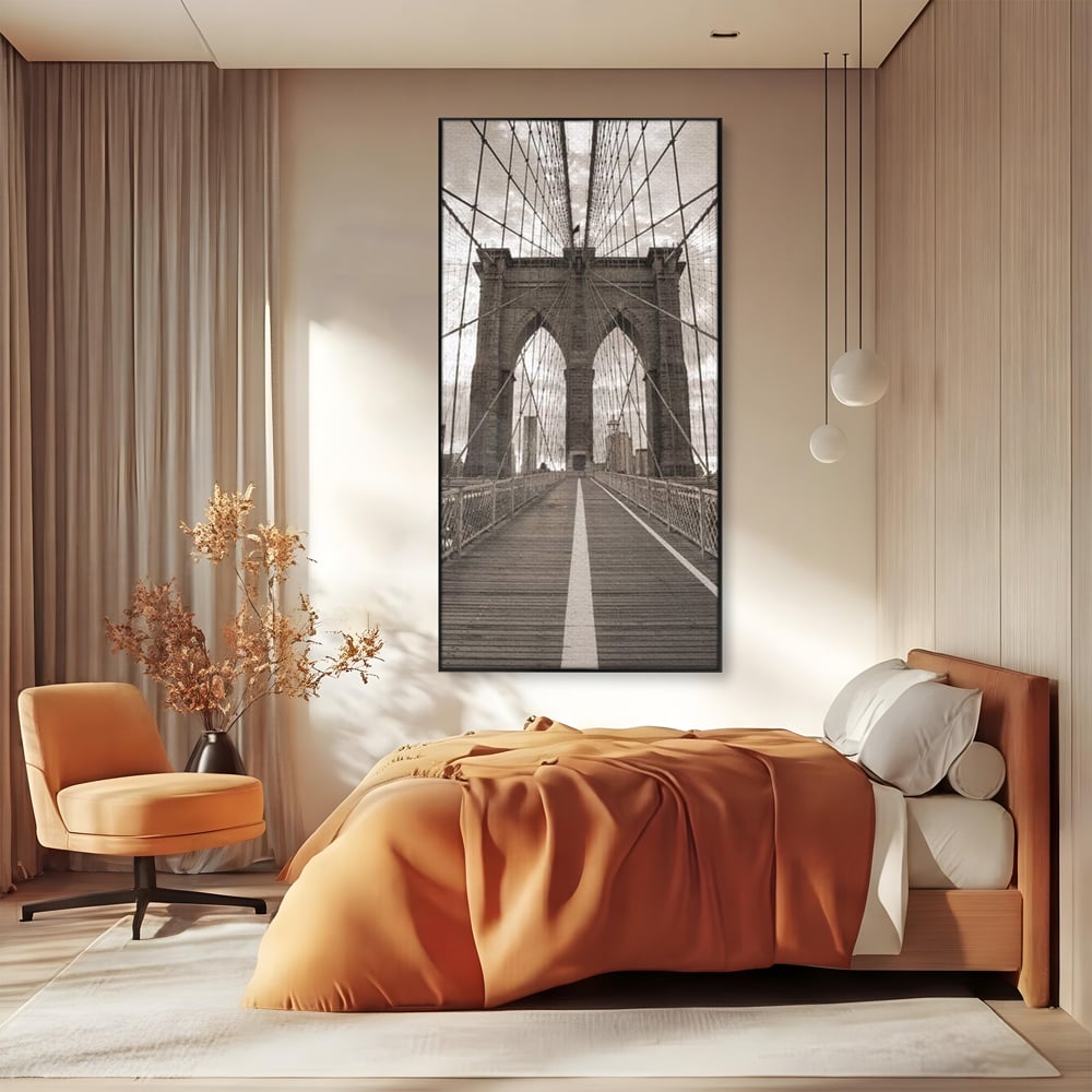 Tablou Canvas Premium, LuxCanva® O1011, Podul dintre Lumi, Otel, Cabluri, Arc, Timp, Drum, Destin, Brooklin, New York, Arhitectura, Monocrom, Fotografic, Metropola, Punte, Birou, Living,