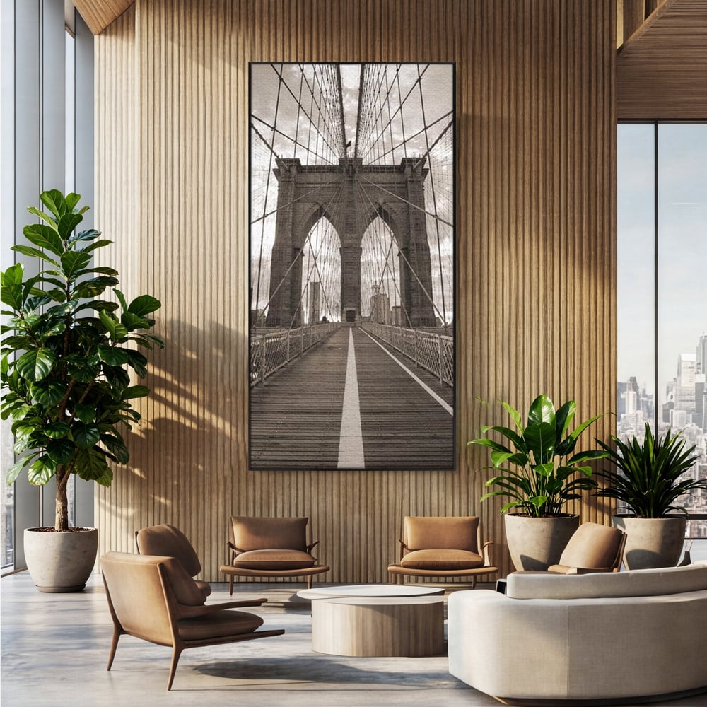 Tablou Canvas Premium, LuxCanva® O1011, Podul dintre Lumi, Otel, Cabluri, Arc, Timp, Drum, Destin, Brooklin, New York, Arhitectura, Monocrom, Fotografic, Metropola, Punte, Birou, Living,
