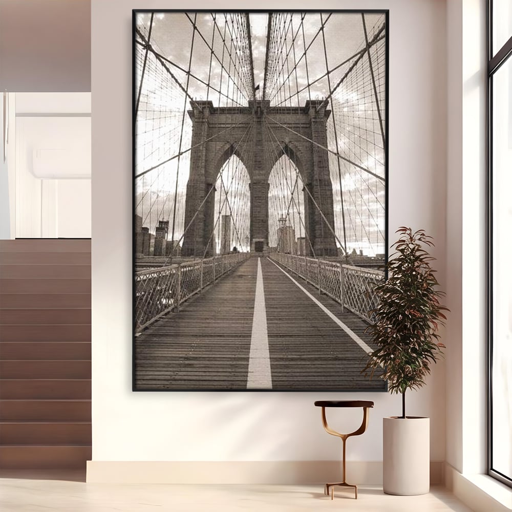 Tablou Canvas Premium, LuxCanva® O1011, Podul dintre Lumi, Otel, Cabluri, Arc, Timp, Drum, Destin, Brooklin, New York, Arhitectura, Monocrom, Fotografic, Metropola, Punte, Birou, Living,