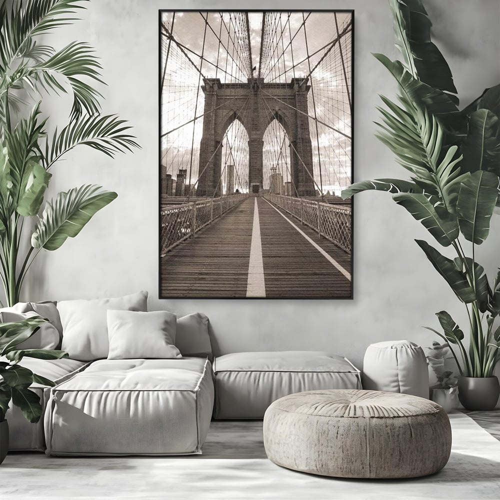 Tablou Canvas Premium, LuxCanva® O1011, Podul dintre Lumi, Otel, Cabluri, Arc, Timp, Drum, Destin, Brooklin, New York, Arhitectura, Monocrom, Fotografic, Metropola, Punte, Birou, Living,