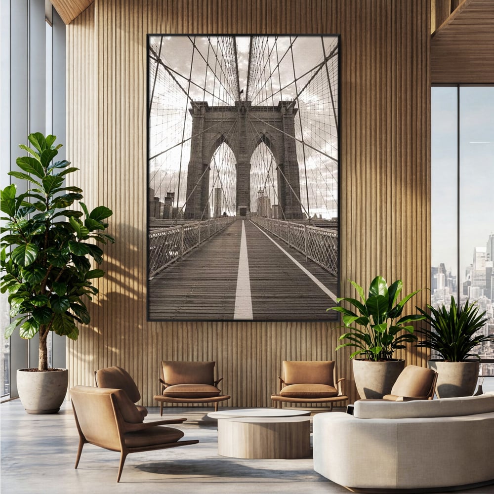 Tablou Canvas Premium, LuxCanva® O1011, Podul dintre Lumi, Otel, Cabluri, Arc, Timp, Drum, Destin, Brooklin, New York, Arhitectura, Monocrom, Fotografic, Metropola, Punte, Birou, Living,
