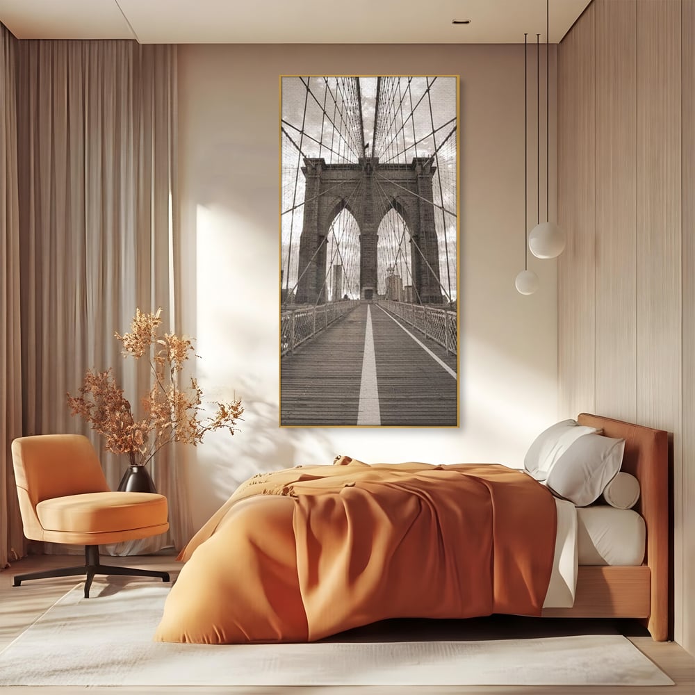 Tablou Canvas Premium, LuxCanva® O1011, Podul dintre Lumi, Otel, Cabluri, Arc, Timp, Drum, Destin, Brooklin, New York, Arhitectura, Monocrom, Fotografic, Metropola, Punte, Birou, Living,