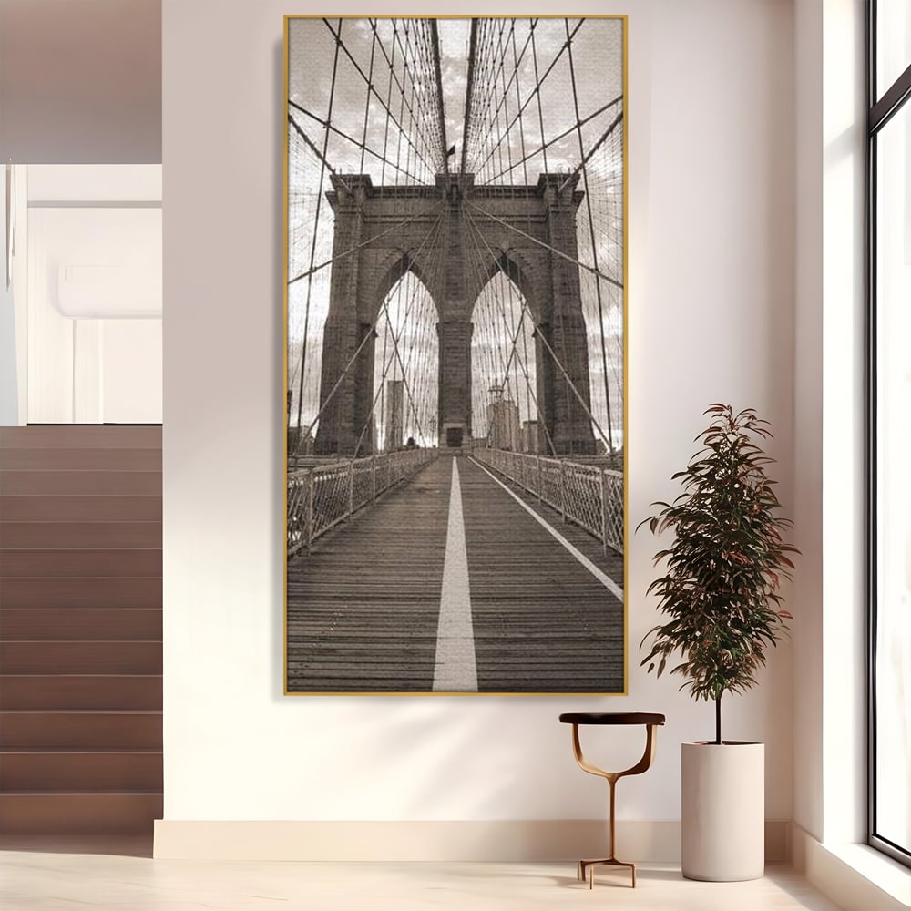 Tablou Canvas Premium, LuxCanva® O1011, Podul dintre Lumi, Otel, Cabluri, Arc, Timp, Drum, Destin, Brooklin, New York, Arhitectura, Monocrom, Fotografic, Metropola, Punte, Birou, Living,