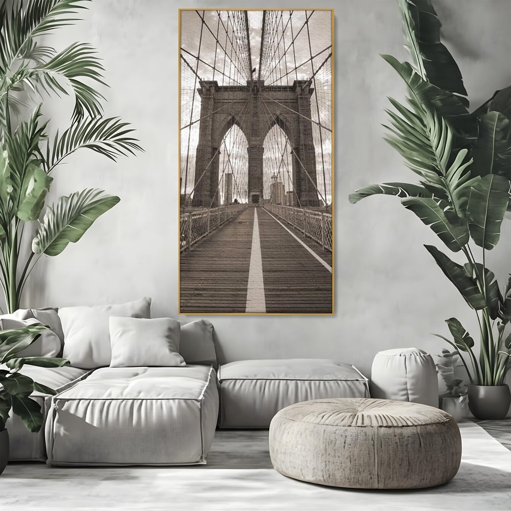 Tablou Canvas Premium, LuxCanva® O1011, Podul dintre Lumi, Otel, Cabluri, Arc, Timp, Drum, Destin, Brooklin, New York, Arhitectura, Monocrom, Fotografic, Metropola, Punte, Birou, Living,
