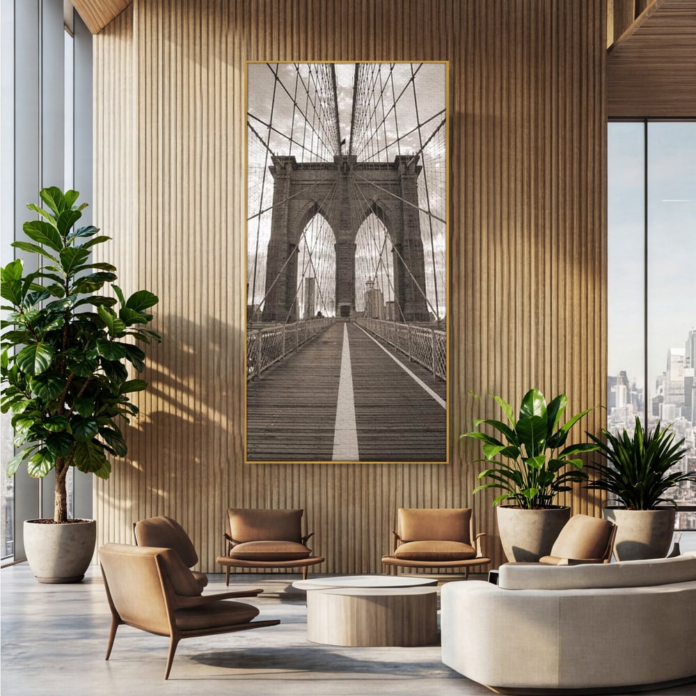 Tablou Canvas Premium, LuxCanva® O1011, Podul dintre Lumi, Otel, Cabluri, Arc, Timp, Drum, Destin, Brooklin, New York, Arhitectura, Monocrom, Fotografic, Metropola, Punte, Birou, Living,