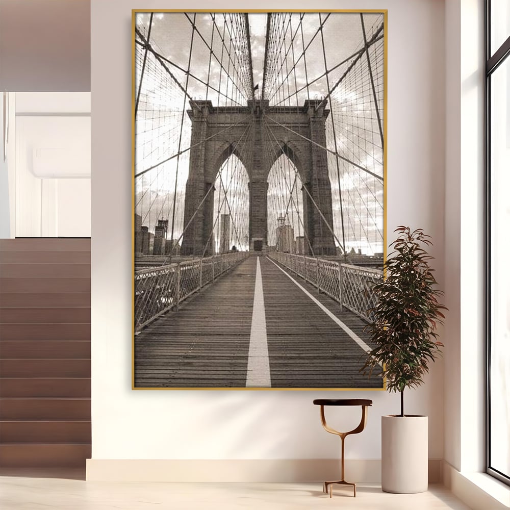 Tablou Canvas Premium, LuxCanva® O1011, Podul dintre Lumi, Otel, Cabluri, Arc, Timp, Drum, Destin, Brooklin, New York, Arhitectura, Monocrom, Fotografic, Metropola, Punte, Birou, Living,
