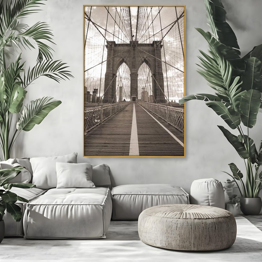 Tablou Canvas Premium, LuxCanva® O1011, Podul dintre Lumi, Otel, Cabluri, Arc, Timp, Drum, Destin, Brooklin, New York, Arhitectura, Monocrom, Fotografic, Metropola, Punte, Birou, Living,