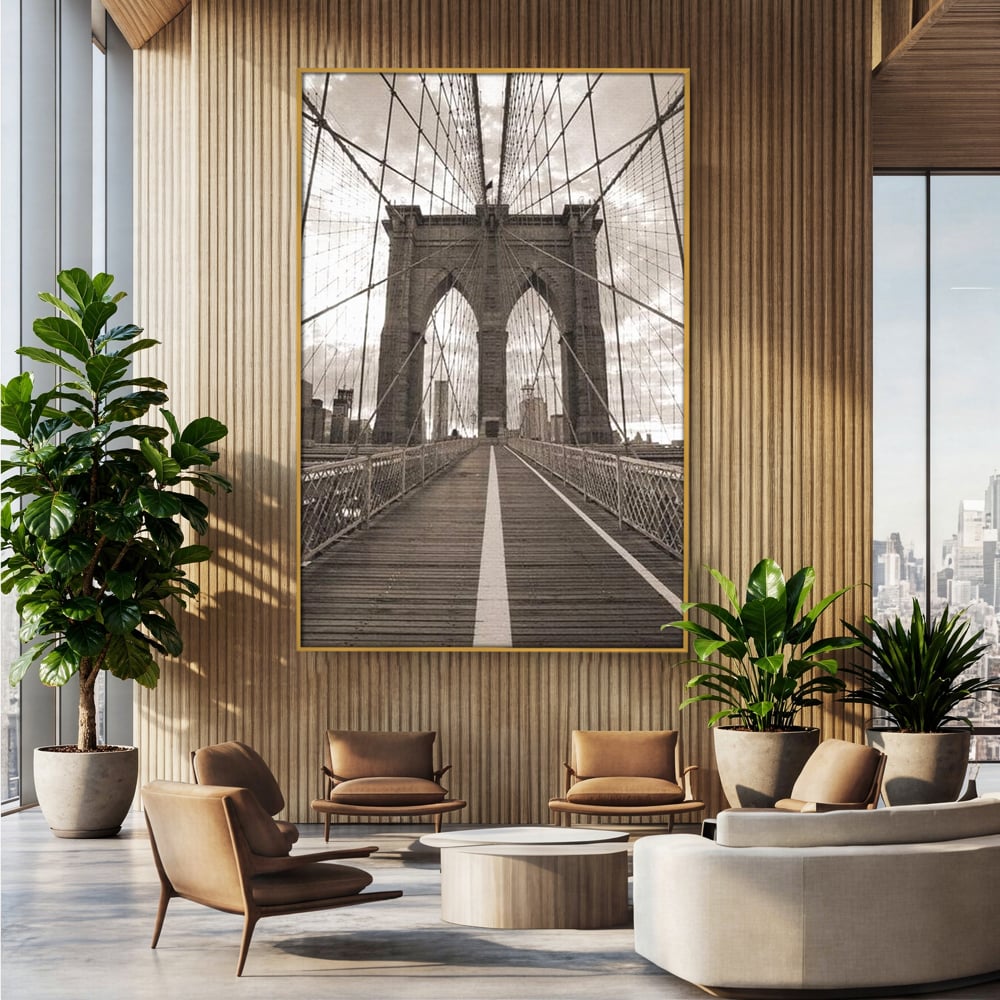 Tablou Canvas Premium, LuxCanva® O1011, Podul dintre Lumi, Otel, Cabluri, Arc, Timp, Drum, Destin, Brooklin, New York, Arhitectura, Monocrom, Fotografic, Metropola, Punte, Birou, Living,