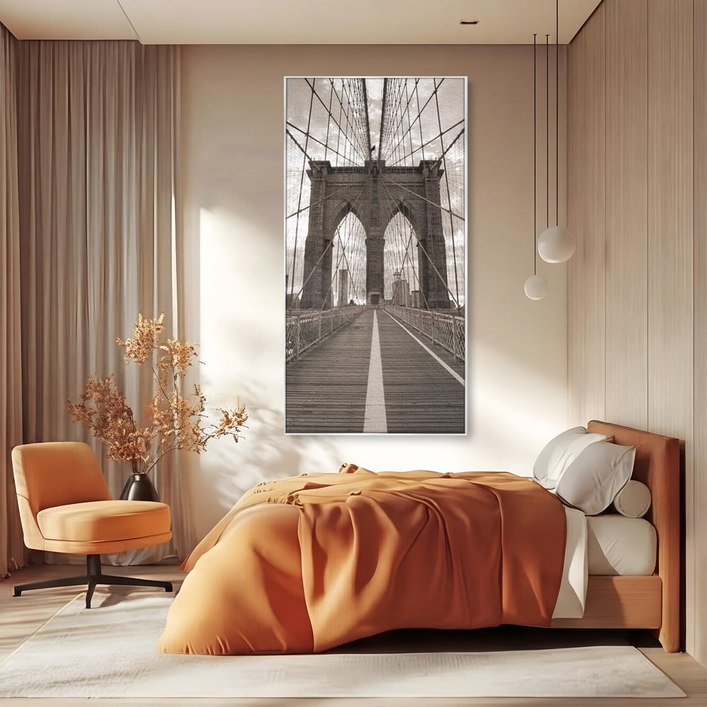 Tablou Canvas Premium, LuxCanva® O1011, Podul dintre Lumi, Otel, Cabluri, Arc, Timp, Drum, Destin, Brooklin, New York, Arhitectura, Monocrom, Fotografic, Metropola, Punte, Birou, Living,