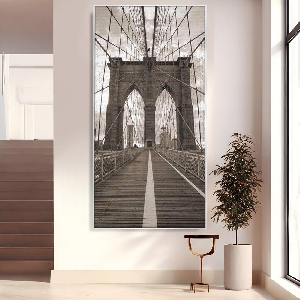 Tablou Canvas Premium, LuxCanva® O1011, Podul dintre Lumi, Otel, Cabluri, Arc, Timp, Drum, Destin, Brooklin, New York, Arhitectura, Monocrom, Fotografic, Metropola, Punte, Birou, Living,
