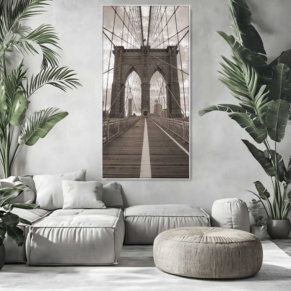 Tablou Canvas Premium, LuxCanva® O1011, Podul dintre Lumi, Otel, Cabluri, Arc, Timp, Drum, Destin, Brooklin, New York, Arhitectura, Monocrom, Fotografic, Metropola, Punte, Birou, Living,