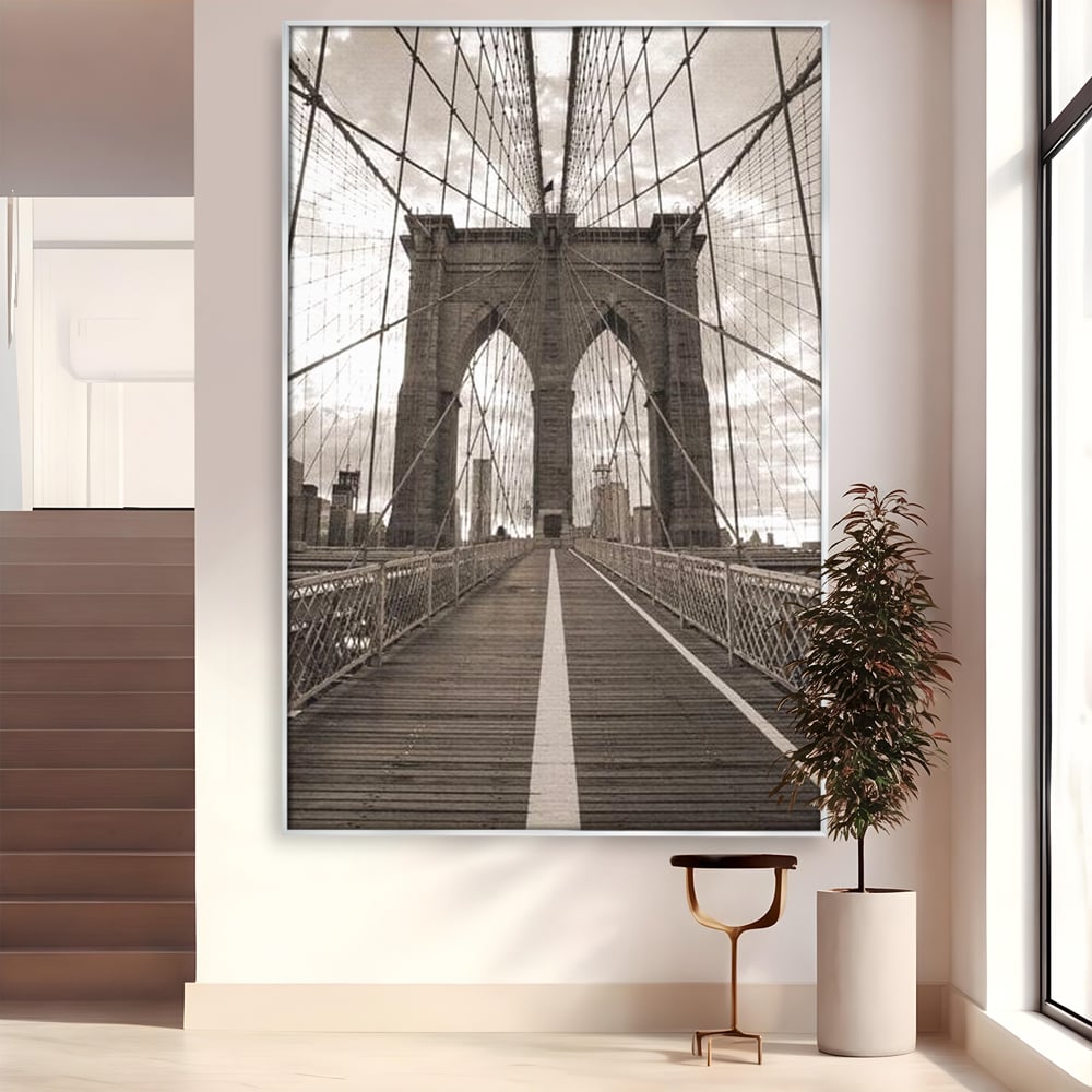 Tablou Canvas Premium, LuxCanva® O1011, Podul dintre Lumi, Otel, Cabluri, Arc, Timp, Drum, Destin, Brooklin, New York, Arhitectura, Monocrom, Fotografic, Metropola, Punte, Birou, Living,