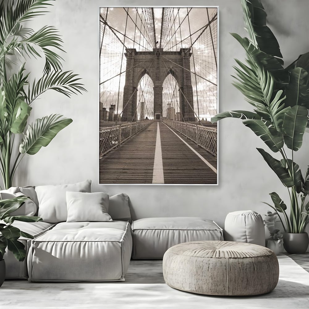 Tablou Canvas Premium, LuxCanva® O1011, Podul dintre Lumi, Otel, Cabluri, Arc, Timp, Drum, Destin, Brooklin, New York, Arhitectura, Monocrom, Fotografic, Metropola, Punte, Birou, Living,