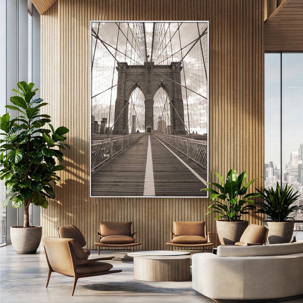 Tablou Canvas Premium, LuxCanva® O1011, Podul dintre Lumi, Otel, Cabluri, Arc, Timp, Drum, Destin, Brooklin, New York, Arhitectura, Monocrom, Fotografic, Metropola, Punte, Birou, Living,