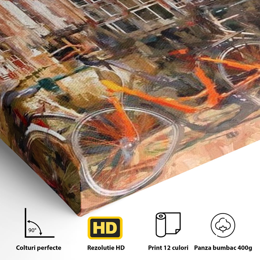 Leinwand Wandkunst Canvas Premium, LuxCanva® O1012, Bohemian Amsterdam, Fahrrad, Symphonie, Farben, Niederländisch, Kanal, Ufer, Räder, Charmant, Holland, Tradition, Tourist, Stadt, Stadt, Stadt, Pause, Büro, Wohnen, Schlafzimmer