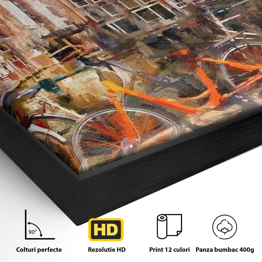 Leinwand Wandkunst Canvas Premium, LuxCanva® O1012, Bohemian Amsterdam, Fahrrad, Symphonie, Farben, Niederländisch, Kanal, Ufer, Räder, Charmant, Holland, Tradition, Tourist, Stadt, Stadt, Stadt, Pause, Büro, Wohnen, Schlafzimmer