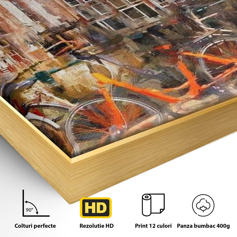 Leinwand Wandkunst Canvas Premium, LuxCanva® O1012, Bohemian Amsterdam, Fahrrad, Symphonie, Farben, Niederländisch, Kanal, Ufer, Räder, Charmant, Holland, Tradition, Tourist, Stadt, Stadt, Stadt, Pause, Büro, Wohnen, Schlafzimmer