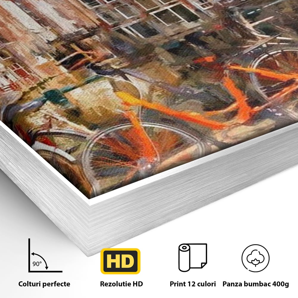 Leinwand Wandkunst Canvas Premium, LuxCanva® O1012, Bohemian Amsterdam, Fahrrad, Symphonie, Farben, Niederländisch, Kanal, Ufer, Räder, Charmant, Holland, Tradition, Tourist, Stadt, Stadt, Stadt, Pause, Büro, Wohnen, Schlafzimmer