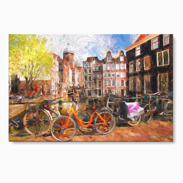 Leinwand Wandkunst Canvas Premium, LuxCanva® O1012, Bohemian Amsterdam, Fahrrad, Symphonie, Farben, Niederländisch, Kanal, Ufer, Räder, Charmant, Holland, Tradition, Tourist, Stadt, Stadt, Stadt, Pause, Büro, Wohnen, Schlafzimmer