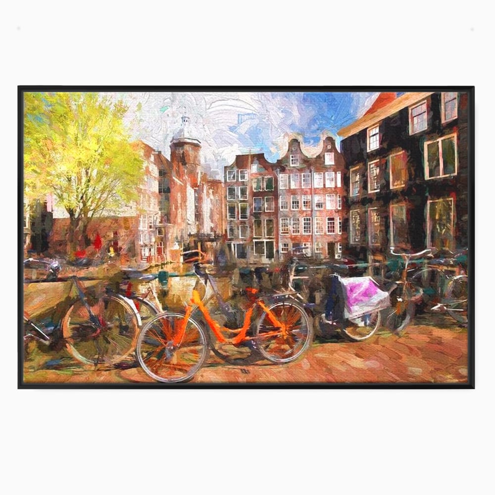 Leinwand Wandkunst Canvas Premium, LuxCanva® O1012, Bohemian Amsterdam, Fahrrad, Symphonie, Farben, Niederländisch, Kanal, Ufer, Räder, Charmant, Holland, Tradition, Tourist, Stadt, Stadt, Stadt, Pause, Büro, Wohnen, Schlafzimmer