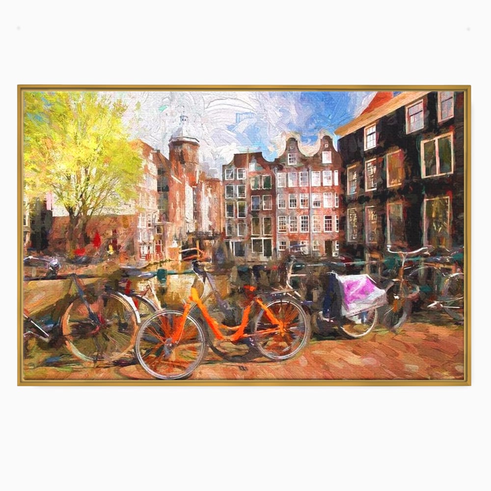 Leinwand Wandkunst Canvas Premium, LuxCanva® O1012, Bohemian Amsterdam, Fahrrad, Symphonie, Farben, Niederländisch, Kanal, Ufer, Räder, Charmant, Holland, Tradition, Tourist, Stadt, Stadt, Stadt, Pause, Büro, Wohnen, Schlafzimmer