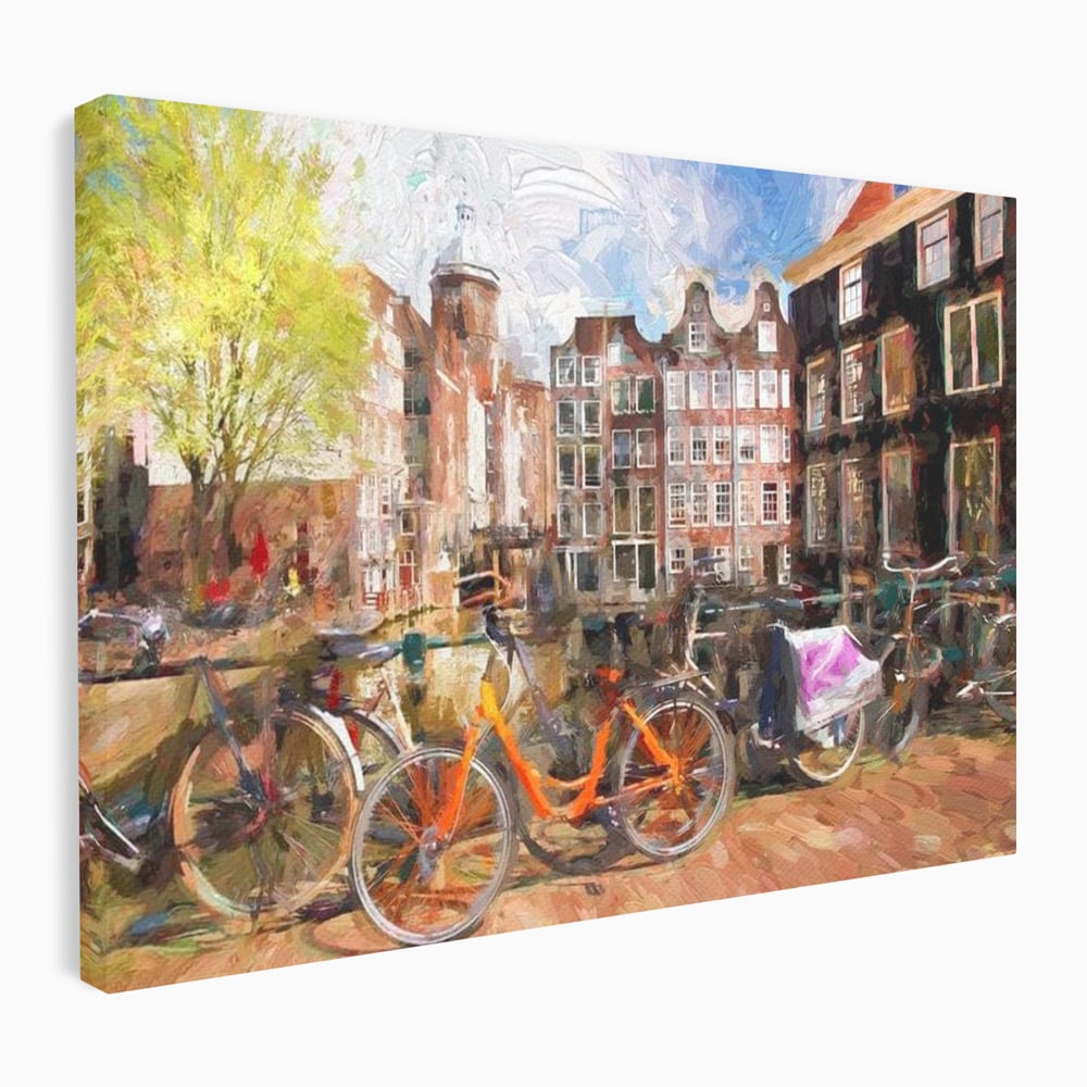 Leinwand Wandkunst Canvas Premium, LuxCanva® O1012, Bohemian Amsterdam, Fahrrad, Symphonie, Farben, Niederländisch, Kanal, Ufer, Räder, Charmant, Holland, Tradition, Tourist, Stadt, Stadt, Stadt, Pause, Büro, Wohnen, Schlafzimmer